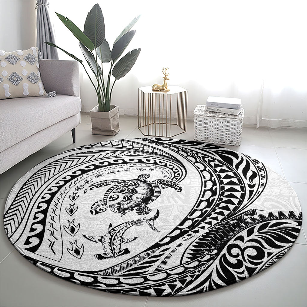 Hawaiian Turtle and Shark Round Carpet Kakau Tribal with Polynesian Pattern White Color LT03 - Polynesian Pride