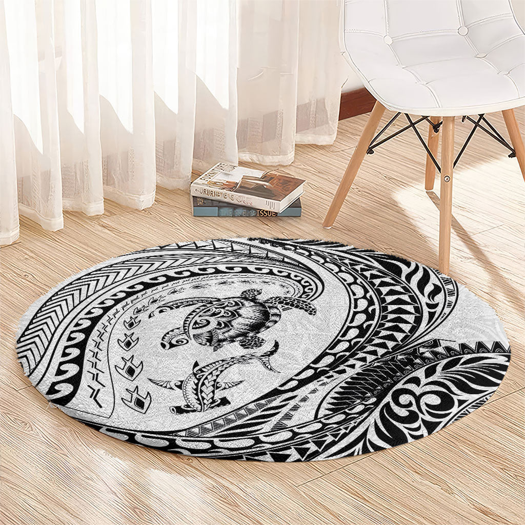 Hawaiian Turtle and Shark Round Carpet Kakau Tribal with Polynesian Pattern White Color LT03 - Polynesian Pride
