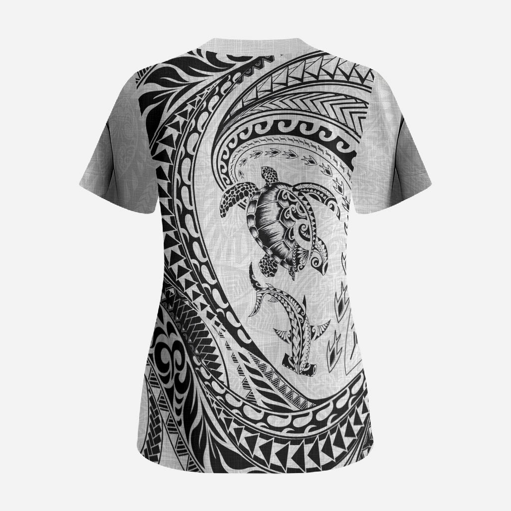 Hawaiian Turtle and Shark Scrub Top Kakau Tribal with Polynesian Pattern White Color LT03 - Polynesian Pride