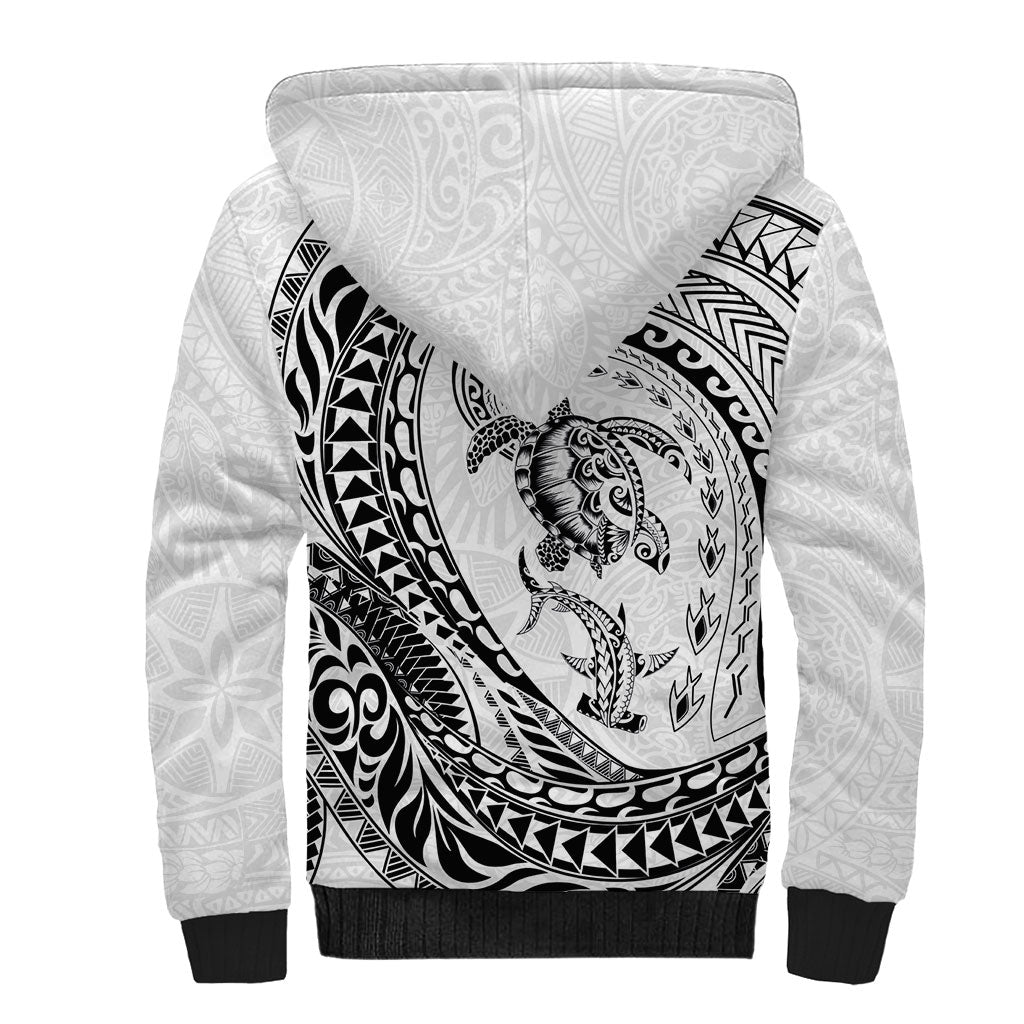Hawaiian Turtle and Shark Sherpa Hoodie Kakau Tribal with Polynesian Pattern White Color LT03 - Polynesian Pride