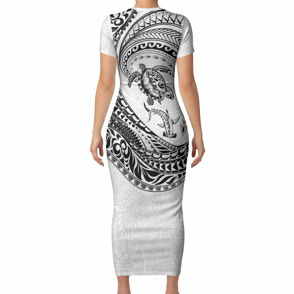 Hawaiian Turtle and Shark Short Sleeve Bodycon Dress Kakau Tribal with Polynesian Pattern White Color LT03 - Polynesian Pride