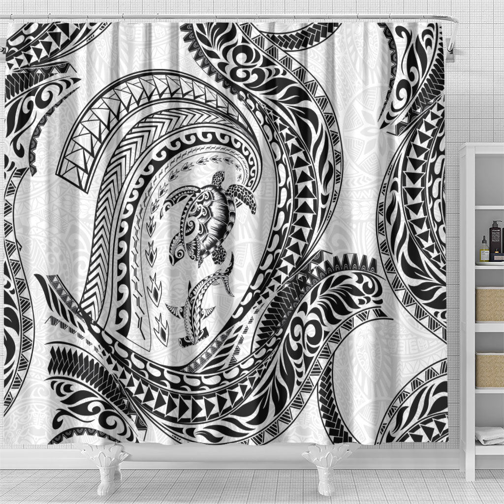 Hawaiian Turtle and Shark Shower Curtain Kakau Tribal with Polynesian Pattern White Color LT03 - Polynesian Pride