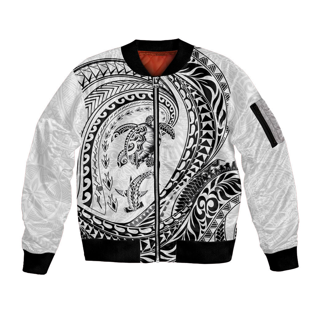 Hawaiian Turtle and Shark Sleeve Zip Bomber Jacket Kakau Tribal with Polynesian Pattern White Color LT03 Unisex White - Polynesian Pride