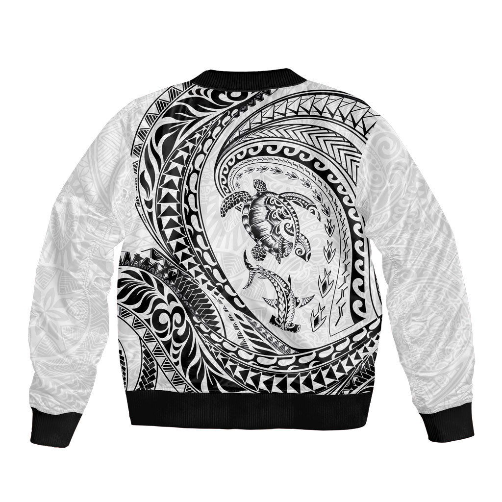 Hawaiian Turtle and Shark Sleeve Zip Bomber Jacket Kakau Tribal with Polynesian Pattern White Color LT03 - Polynesian Pride