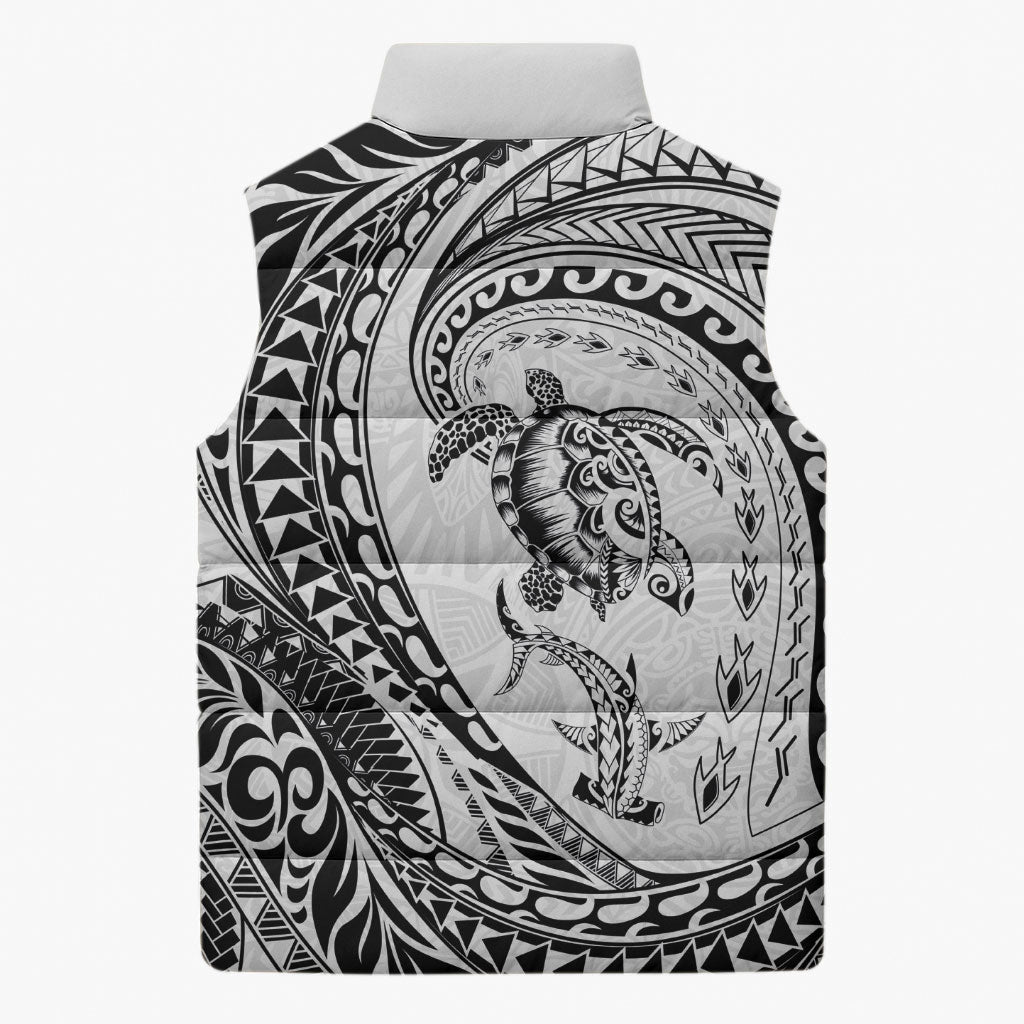 Hawaiian Turtle and Shark Sleeveless Puffer Jacket Kakau Tribal with Polynesian Pattern White Color LT03 - Polynesian Pride