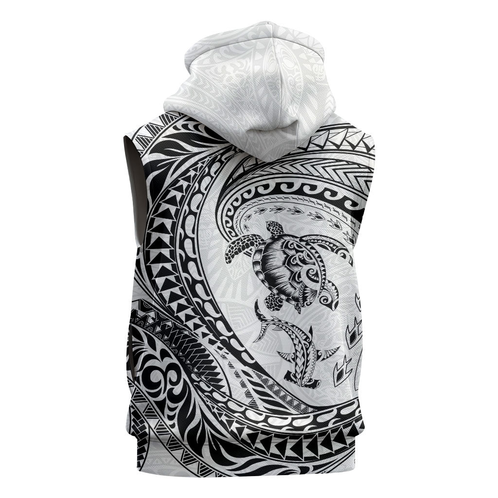 Hawaiian Turtle and Shark Sleeveless Zip Hoodie Kakau Tribal with Polynesian Pattern White Color LT03 - Polynesian Pride