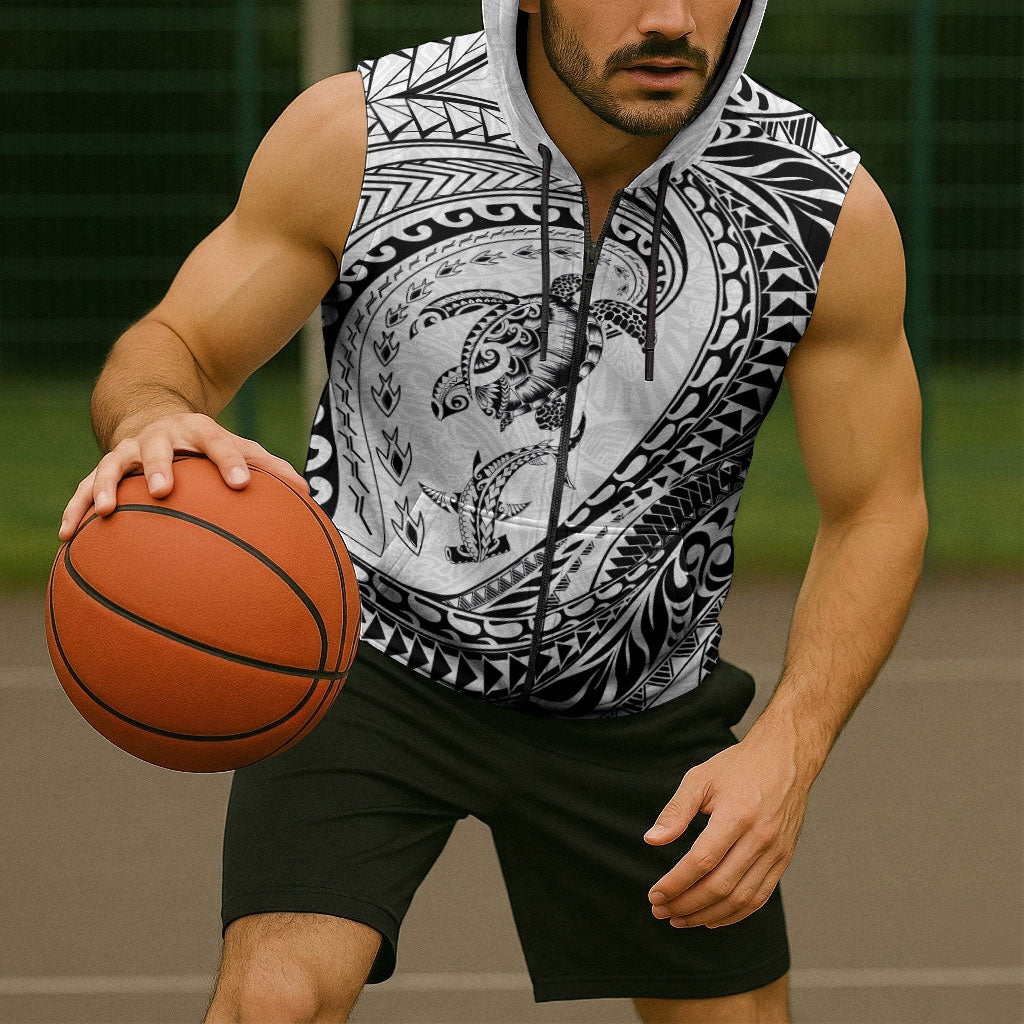 Hawaiian Turtle and Shark Sleeveless Zip Hoodie Kakau Tribal with Polynesian Pattern White Color LT03 - Polynesian Pride
