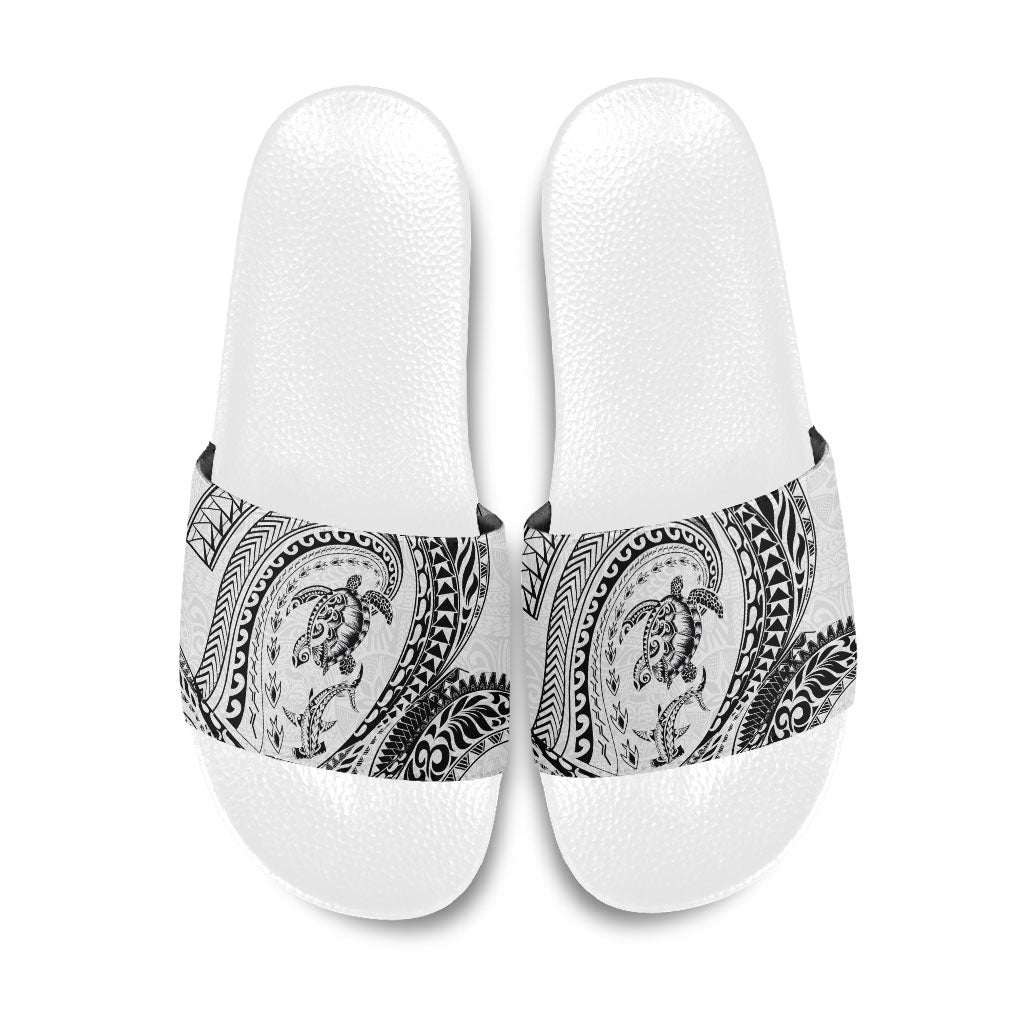 Hawaiian Turtle and Shark Slide Sandals Kakau Tribal with Polynesian Pattern White Color LT03 White - Polynesian Pride