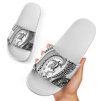 Hawaiian Turtle and Shark Slide Sandals Kakau Tribal with Polynesian Pattern White Color LT03 - Polynesian Pride
