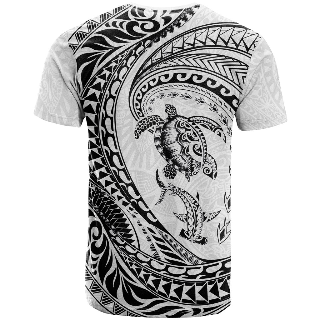 Hawaiian Turtle and Shark T Shirt Kakau Tribal with Polynesian Pattern White Color LT03 - Polynesian Pride