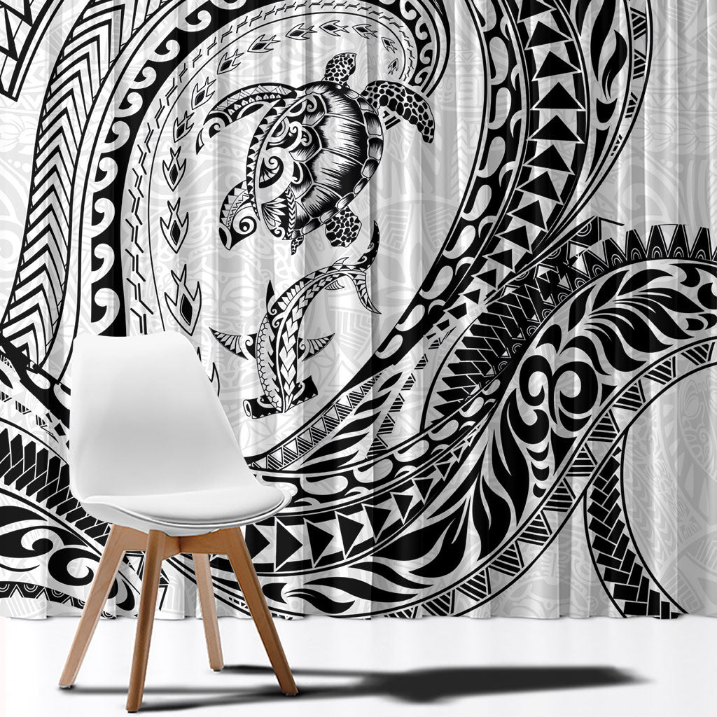 Hawaiian Turtle and Shark Window Curtain Kakau Tribal with Polynesian Pattern White Color LT03 - Polynesian Pride
