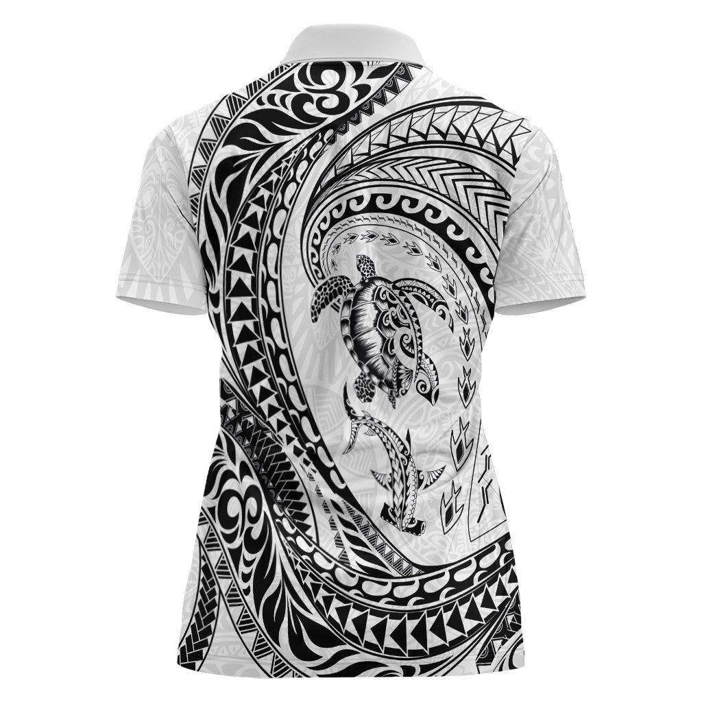 Hawaiian Turtle and Shark Women Polo Shirt Kakau Tribal with Polynesian Pattern White Color LT03 - Polynesian Pride