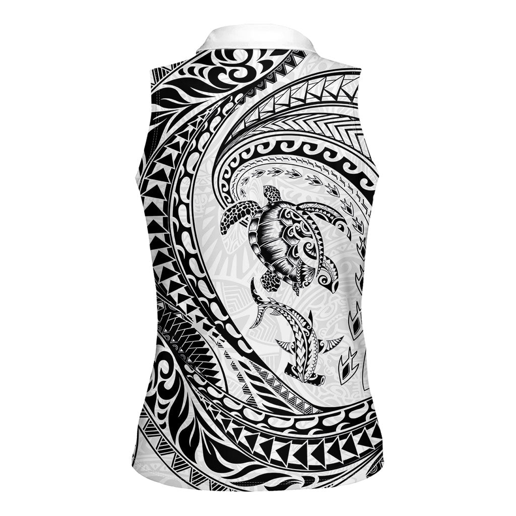 Hawaiian Turtle and Shark Women Sleeveless Polo Shirt Kakau Tribal with Polynesian Pattern White Color LT03 - Polynesian Pride