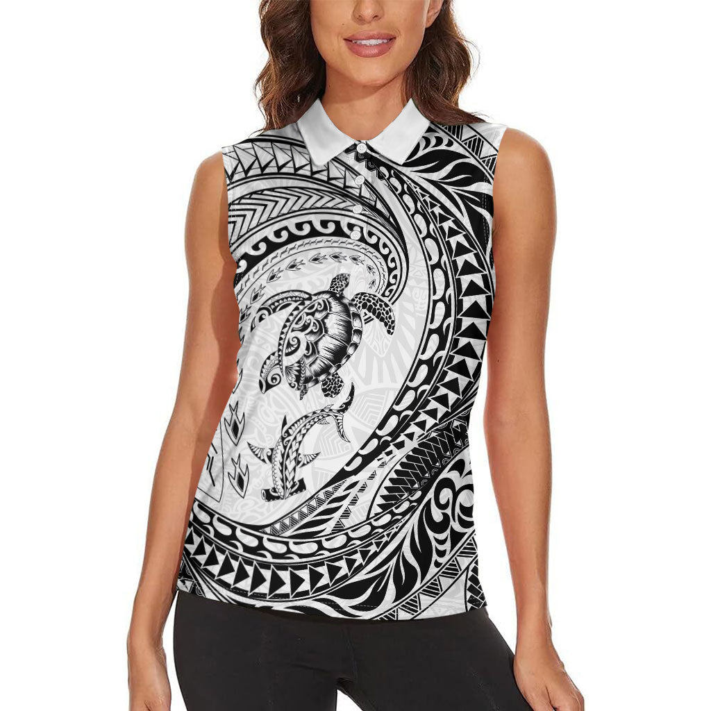 Hawaiian Turtle and Shark Women Sleeveless Polo Shirt Kakau Tribal with Polynesian Pattern White Color LT03 - Polynesian Pride
