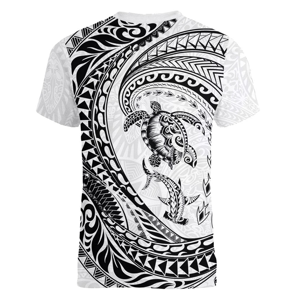 Hawaiian Turtle and Shark Women V-Neck T-Shirt Kakau Tribal with Polynesian Pattern White Color LT03 - Polynesian Pride