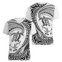 Hawaiian Turtle and Shark Women V-Neck T-Shirt Kakau Tribal with Polynesian Pattern White Color LT03 - Polynesian Pride