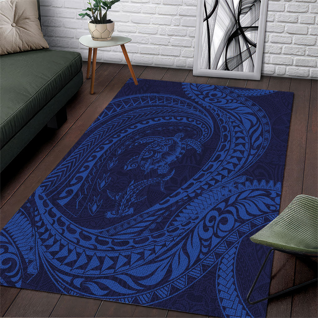 Hawaiian Turtle and Shark Area Rug Kakau Tribal with Polynesian Pattern Blue Color LT03 Blue - Polynesian Pride