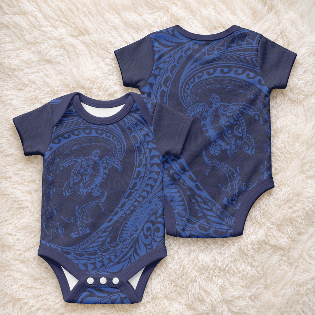 Hawaiian Turtle and Shark Baby Onesie Kakau Tribal with Polynesian Pattern Blue Color