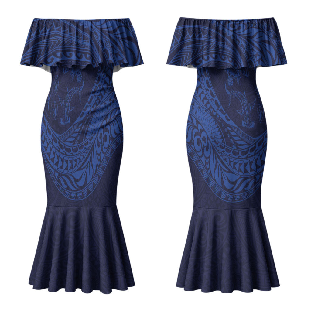 Hawaiian Turtle and Shark Couples Matching Mermaid Dress and Long Sleeve Button Shirt Kakau Tribal with Polynesian Pattern Blue Color LT03 - Polynesian Pride