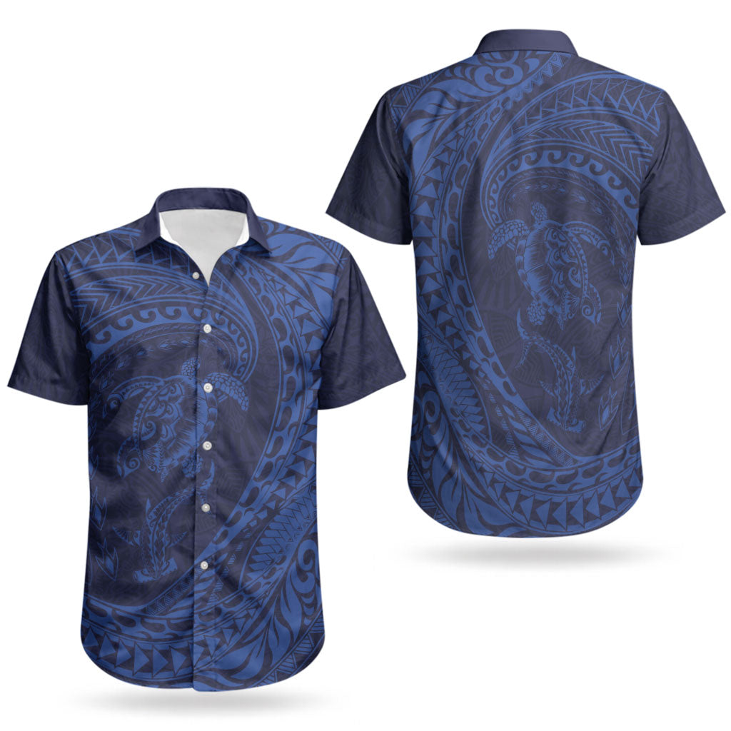 Hawaiian Turtle and Shark Couples Matching Off Shoulder Maxi Dress and Hawaiian Shirt Kakau Tribal with Polynesian Pattern Blue Color LT03 - Polynesian Pride
