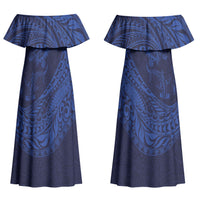 Hawaiian Turtle and Shark Couples Matching Off Shoulder Maxi Dress and Hawaiian Shirt Kakau Tribal with Polynesian Pattern Blue Color LT03 - Polynesian Pride