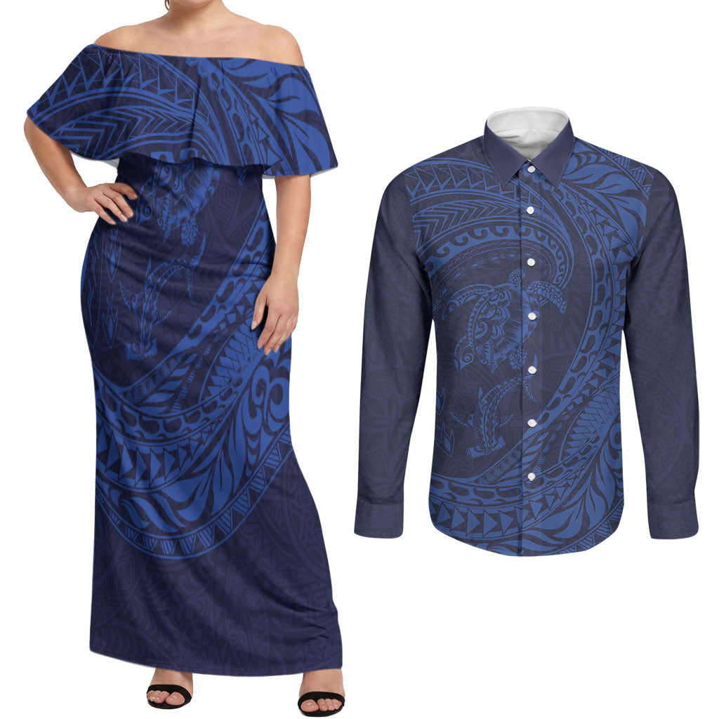 Hawaiian Turtle and Shark Couples Matching Off Shoulder Maxi Dress and Long Sleeve Button Shirt Kakau Tribal with Polynesian Pattern Blue Color LT03 Blue - Polynesian Pride