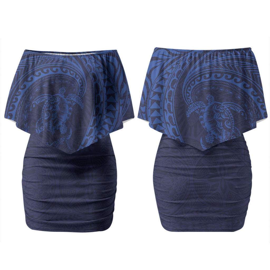 Hawaiian Turtle and Shark Couples Matching Off Shoulder Short Dress and Hawaiian Shirt Kakau Tribal with Polynesian Pattern Blue Color LT03 - Polynesian Pride