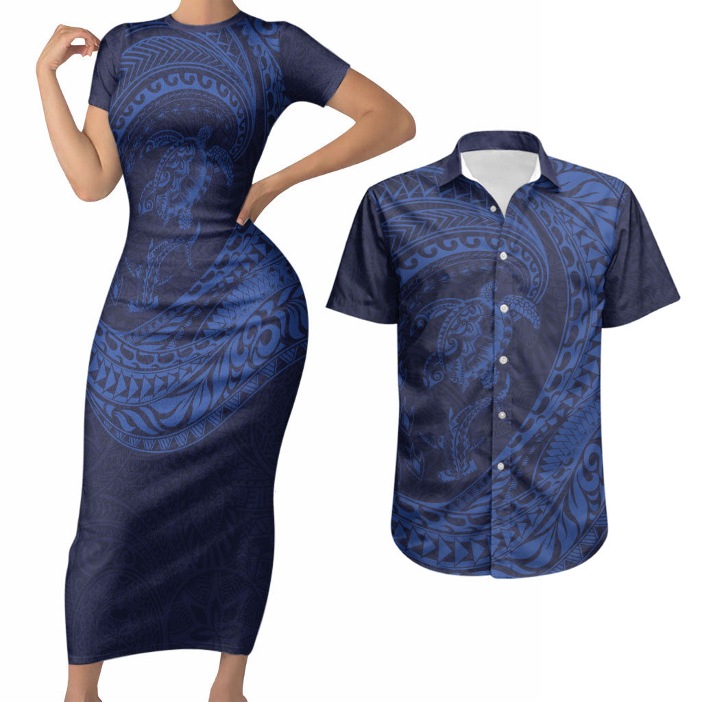 Hawaiian Turtle and Shark Couples Matching Short Sleeve Bodycon Dress and Hawaiian Shirt Kakau Tribal with Polynesian Pattern Blue Color LT03 Blue - Polynesian Pride
