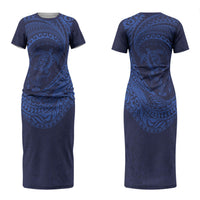 Hawaiian Turtle and Shark Couples Matching Short Sleeve Bodycon Dress and Hawaiian Shirt Kakau Tribal with Polynesian Pattern Blue Color LT03 - Polynesian Pride