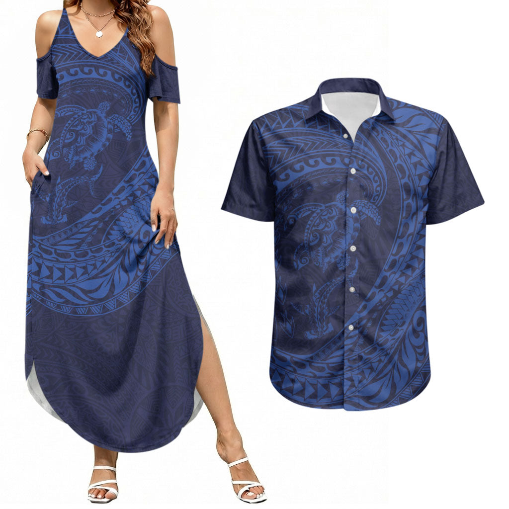 Hawaiian Turtle and Shark Couples Matching Summer Maxi Dress and Hawaiian Shirt Kakau Tribal with Polynesian Pattern Blue Color LT03 Blue - Polynesian Pride
