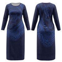 Hawaiian Turtle and Shark Family Matching Long Sleeve Bodycon Dress and Hawaiian Shirt Kakau Tribal with Polynesian Pattern Blue Color LT03 Mom's Dress Blue - Polynesian Pride