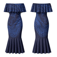 Hawaiian Turtle and Shark Family Matching Mermaid Dress and Hawaiian Shirt Kakau Tribal with Polynesian Pattern Blue Color LT03 Mom's Dress Blue - Polynesian Pride