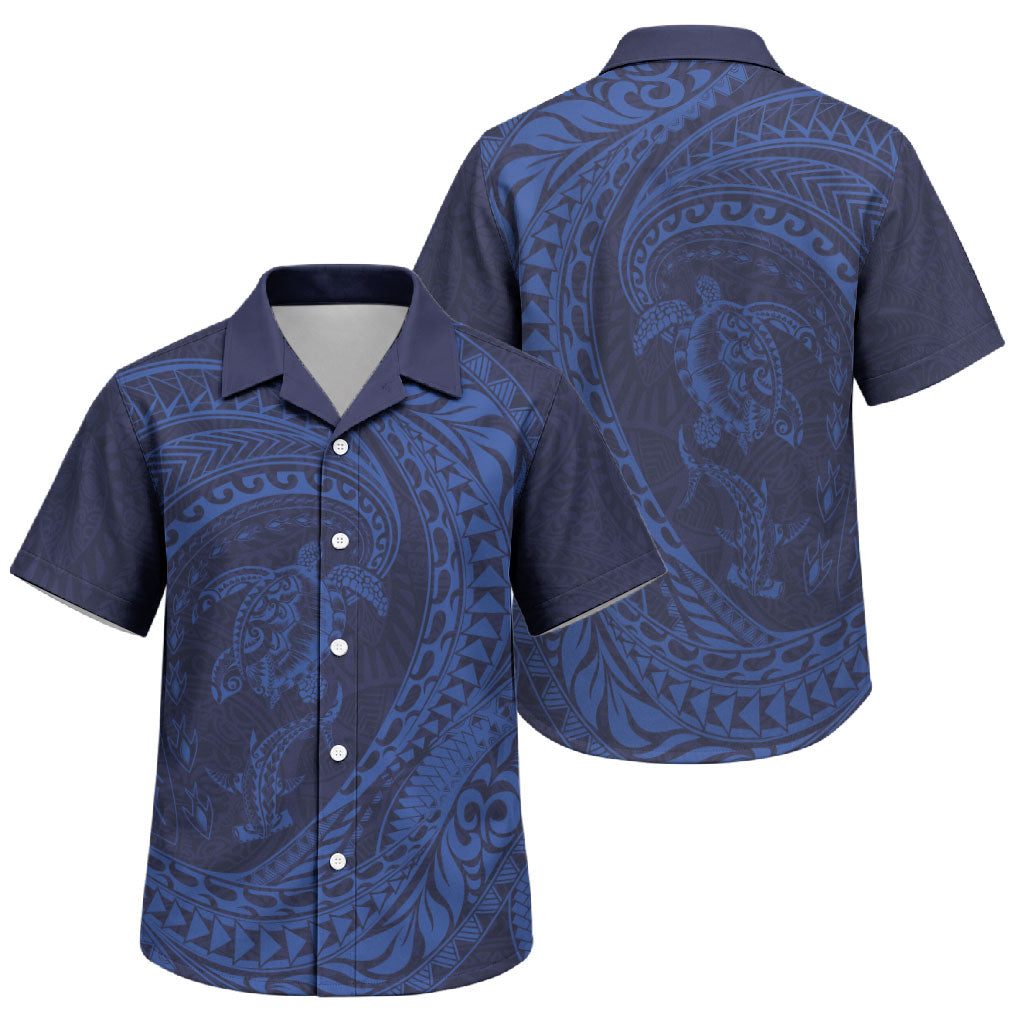 Hawaiian Turtle and Shark Family Matching Mermaid Dress and Hawaiian Shirt Kakau Tribal with Polynesian Pattern Blue Color LT03 Son's Shirt Blue - Polynesian Pride