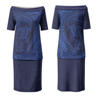 Hawaiian Turtle and Shark Family Matching Puletasi and Hawaiian Shirt Kakau Tribal with Polynesian Pattern Blue Color LT03 Mom's Dress Blue - Polynesian Pride