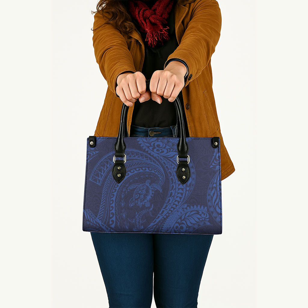Hawaiian Turtle and Shark Leather Bag Kakau Tribal with Polynesian Pattern Blue Color LT03 - Polynesian Pride