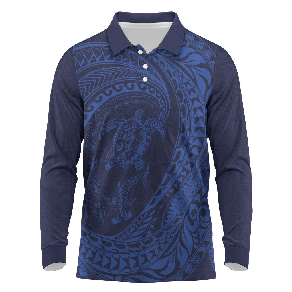 Hawaiian Turtle and Shark Long Sleeve Polo Shirt Kakau Tribal with Polynesian Pattern Blue Color LT03 Blue - Polynesian Pride