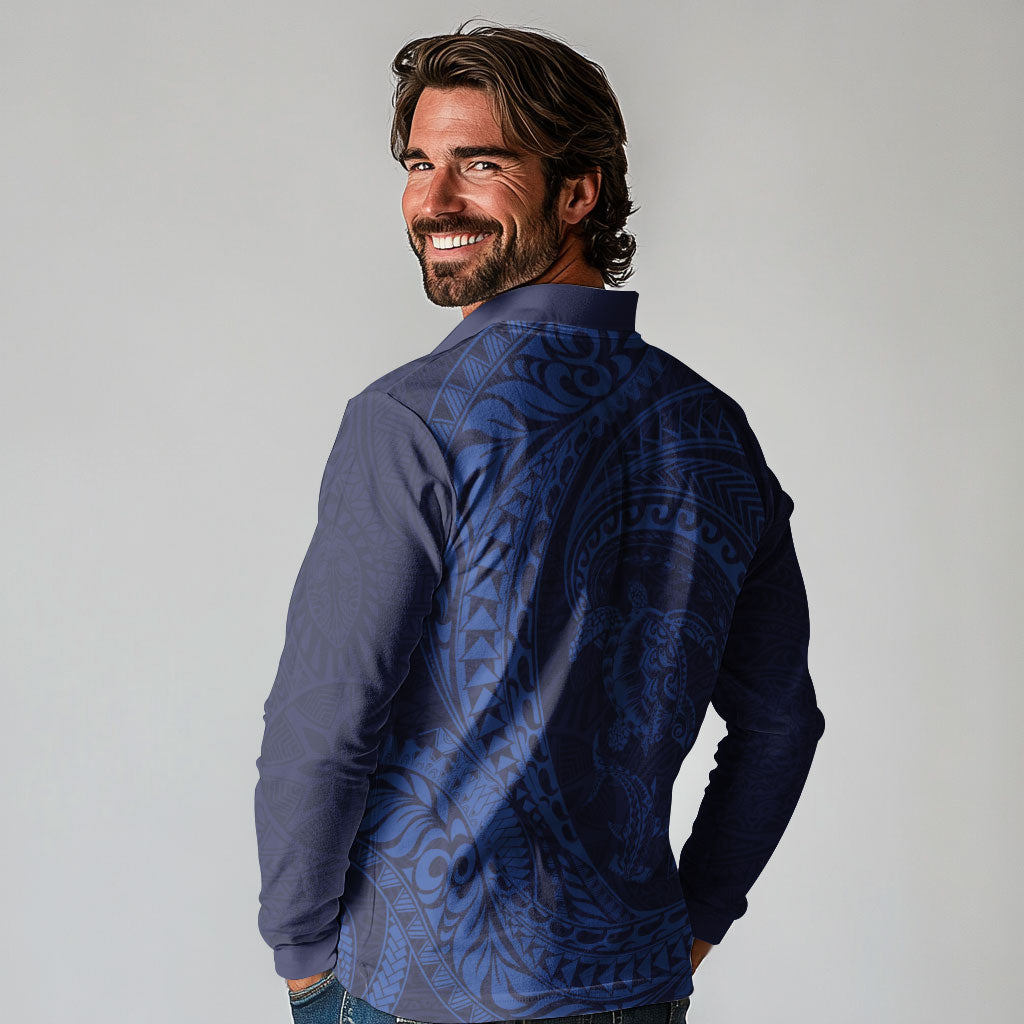Hawaiian Turtle and Shark Long Sleeve Polo Shirt Kakau Tribal with Polynesian Pattern Blue Color LT03 - Polynesian Pride