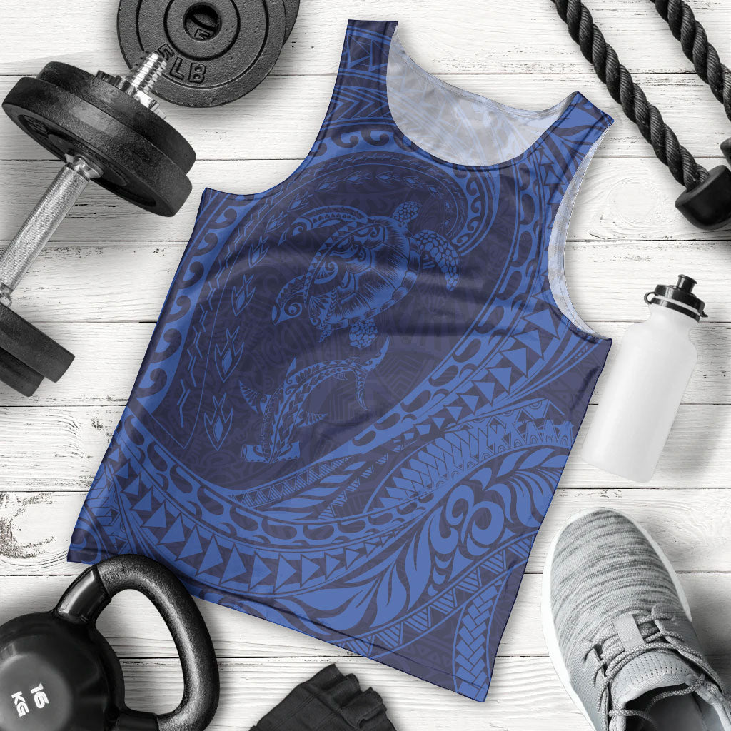 Hawaiian Turtle and Shark Men Tank Top Kakau Tribal with Polynesian Pattern Blue Color LT03 - Polynesian Pride