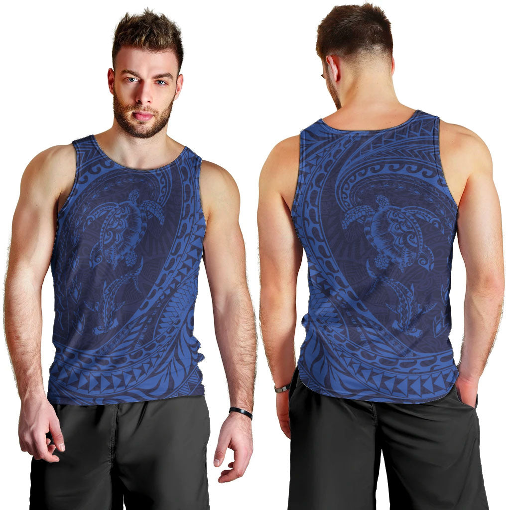 Hawaiian Turtle and Shark Men Tank Top Kakau Tribal with Polynesian Pattern Blue Color LT03 - Polynesian Pride