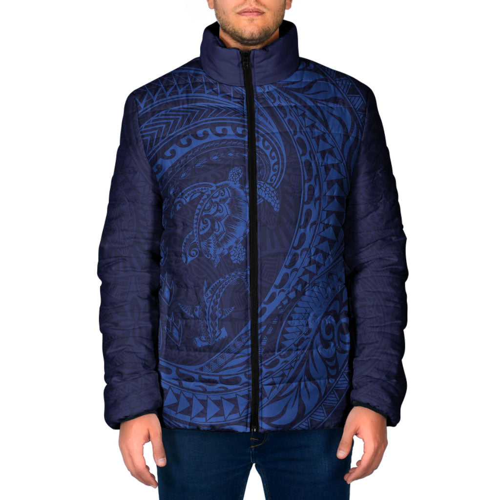 Hawaiian Turtle and Shark Padded Jacket Kakau Tribal with Polynesian Pattern Blue Color LT03 Men Blue - Polynesian Pride