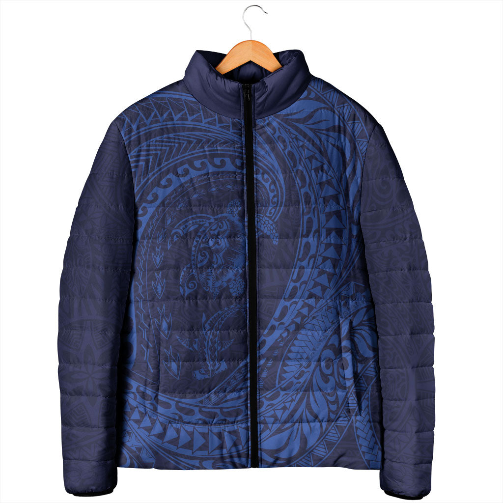 Hawaiian Turtle and Shark Padded Jacket Kakau Tribal with Polynesian Pattern Blue Color LT03 - Polynesian Pride