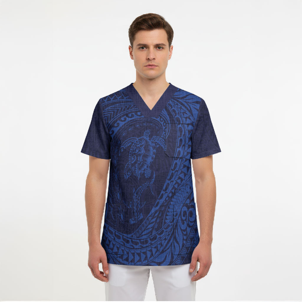 Hawaiian Turtle and Shark Scrub Top Kakau Tribal with Polynesian Pattern Blue Color LT03 - Polynesian Pride