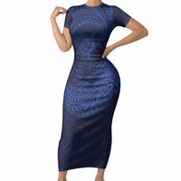 Hawaiian Turtle and Shark Short Sleeve Bodycon Dress Kakau Tribal with Polynesian Pattern Blue Color LT03 Long Dress Blue - Polynesian Pride