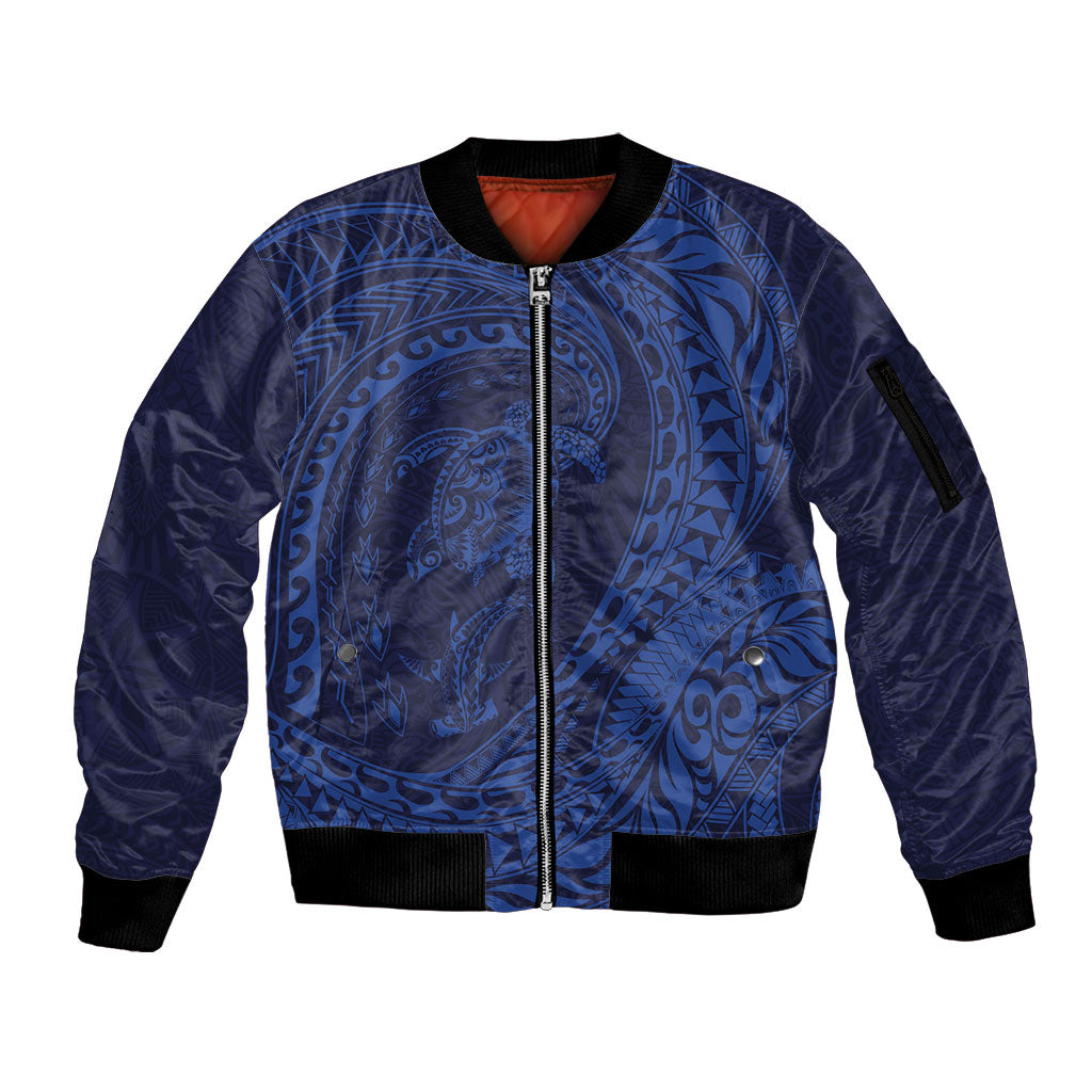 Hawaiian Turtle and Shark Sleeve Zip Bomber Jacket Kakau Tribal with Polynesian Pattern Blue Color LT03 Unisex Blue - Polynesian Pride