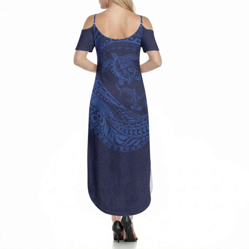 Hawaiian Turtle and Shark Summer Maxi Dress Kakau Tribal with Polynesian Pattern Blue Color LT03 - Polynesian Pride