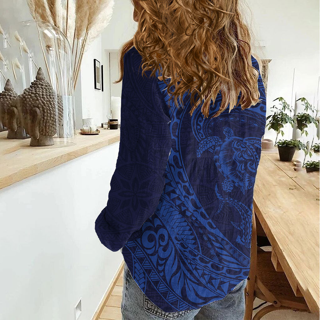 Hawaiian Turtle and Shark Women Casual Shirt Kakau Tribal with Polynesian Pattern Blue Color LT03 - Polynesian Pride