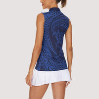 Hawaiian Turtle and Shark Women Sleeveless Polo Shirt Kakau Tribal with Polynesian Pattern Blue Color LT03 - Polynesian Pride