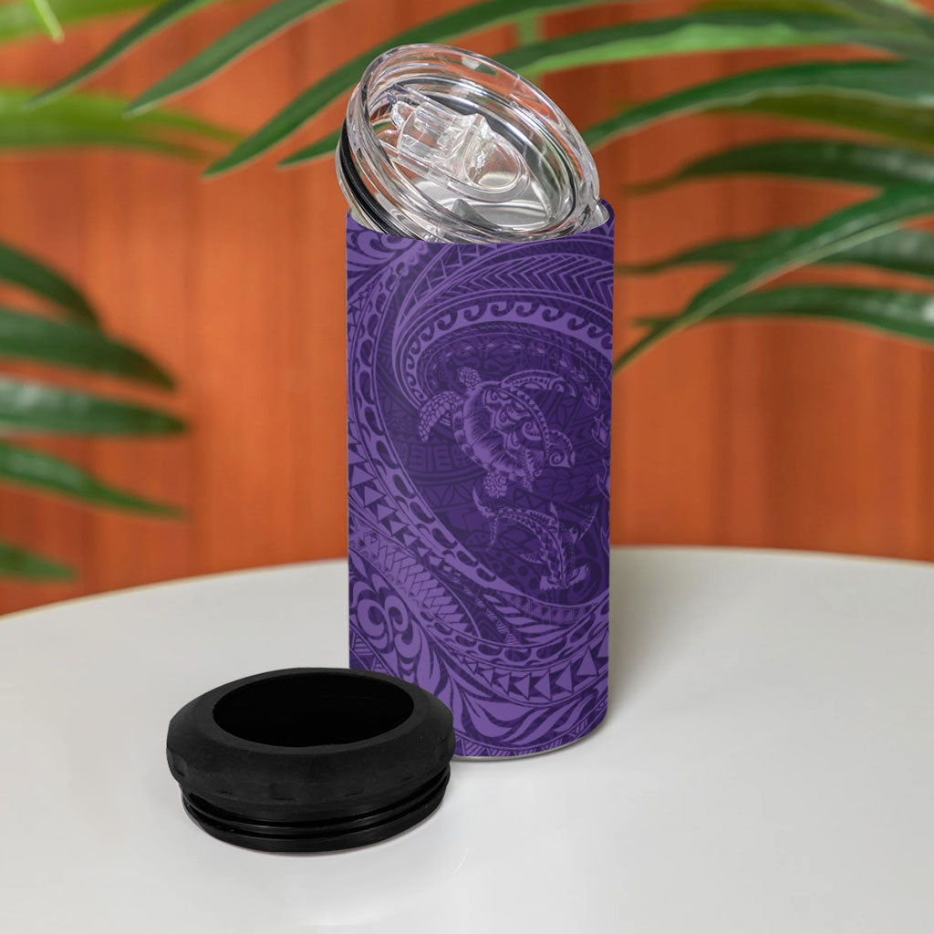 Hawaiian Turtle and Shark 4 in 1 Can Cooler Tumbler Kakau Tribal with Polynesian Pattern Purple Color LT03 - Polynesian Pride