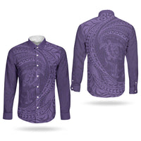 Hawaiian Turtle and Shark Couples Matching Off Shoulder Short Dress and Long Sleeve Button Shirt Kakau Tribal with Polynesian Pattern Purple Color LT03 - Polynesian Pride