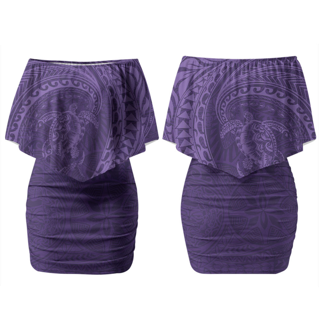 Hawaiian Turtle and Shark Couples Matching Off Shoulder Short Dress and Long Sleeve Button Shirt Kakau Tribal with Polynesian Pattern Purple Color LT03 - Polynesian Pride